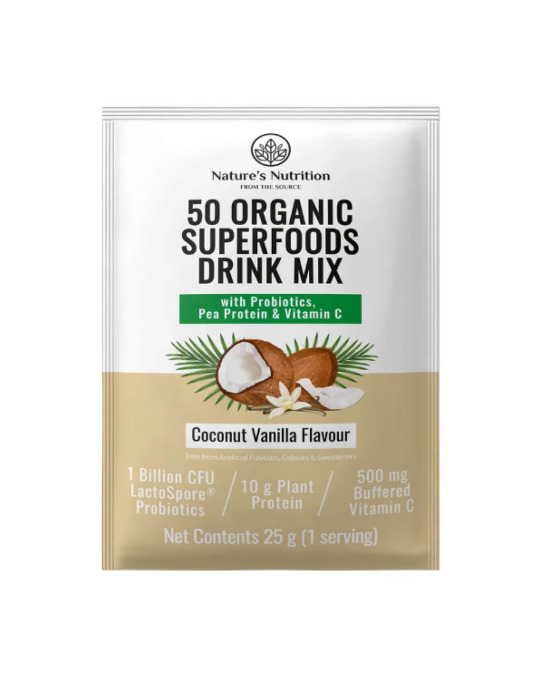 50 Organic Superfoods Drink Mix Sachet | Coconut Vanilla 25g
