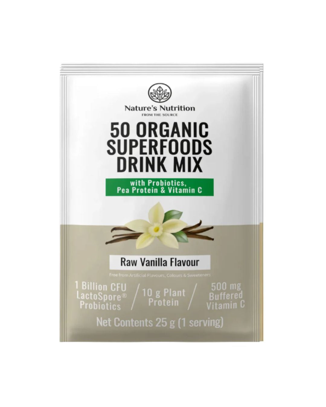 50 Organic Superfoods Drink Mix Sachet | Raw Vanilla 25g